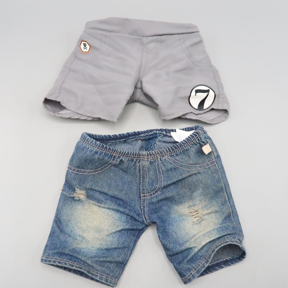 Build A Bear Faded Blue Denim Jean‎ Shorts & Gray Shorts BABW Accessory Lot